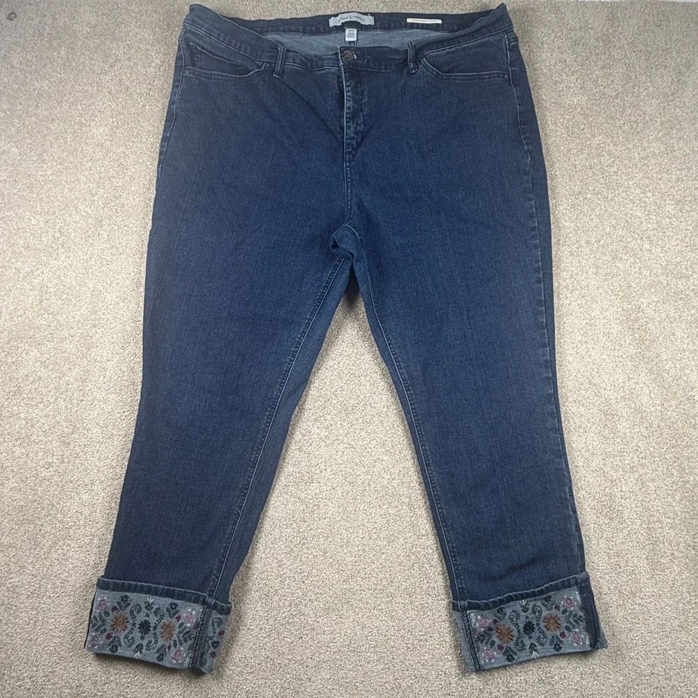 Vintage America Blues Weekend‎ Jean 20W Dark Wash Floral Embroidered Cuff Denim